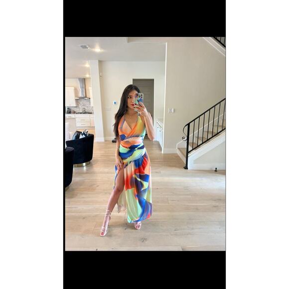 NICHOLAS Multicolor Abstract A-Line Ruching Side Slit Bristol Gown Dress Size 4 - Picture 3 of 6